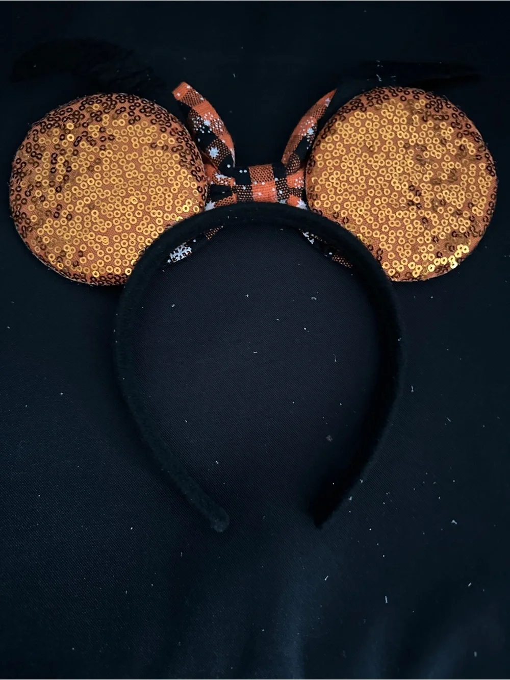 Kids Halloween Orange Sequin Mouse Ear Headband with Plaid Bow